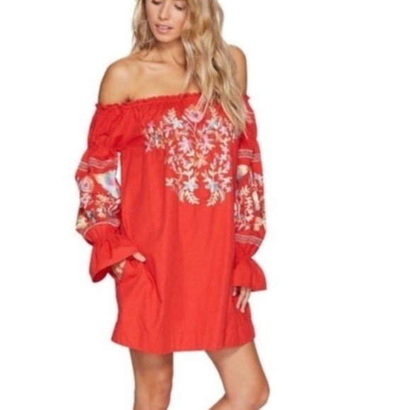 FREE PEOPLE‎ Fleur Du Jour Embroidered Dress Red M Summer Fun - Picture 1 of 8